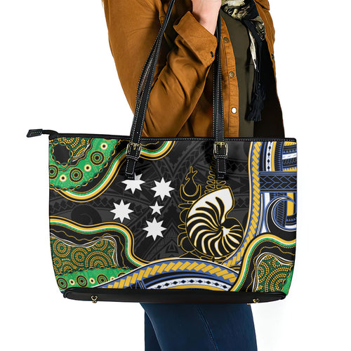 South Sea Islanders And New Caledonia Leather Tote Bag Nautilus Shell Southern Cross Tribal Pattern