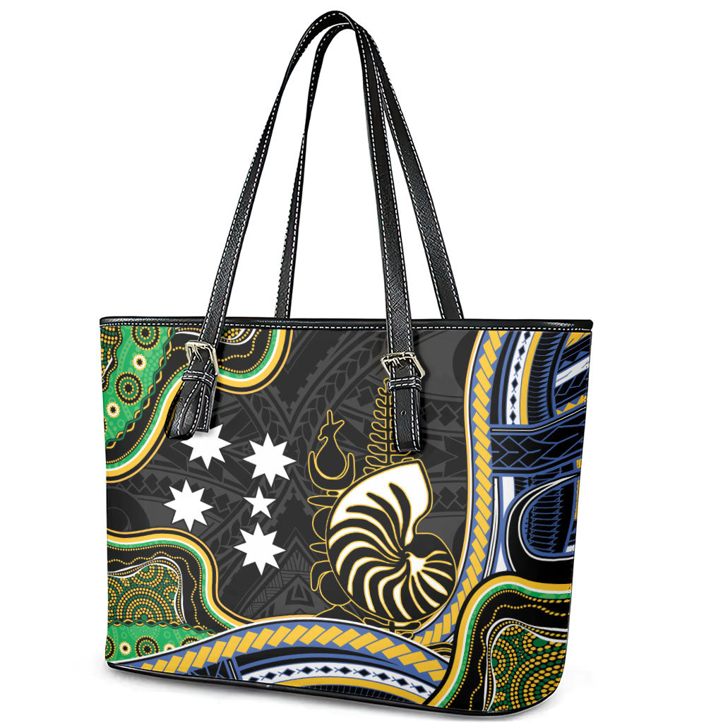 South Sea Islanders And New Caledonia Leather Tote Bag Nautilus Shell Southern Cross Tribal Pattern