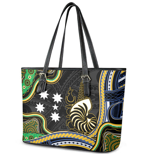 South Sea Islanders And New Caledonia Leather Tote Bag Nautilus Shell Southern Cross Tribal Pattern