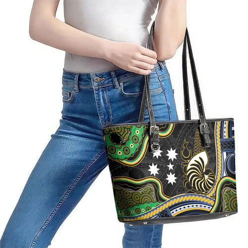 South Sea Islanders And New Caledonia Leather Tote Bag Nautilus Shell Southern Cross Tribal Pattern