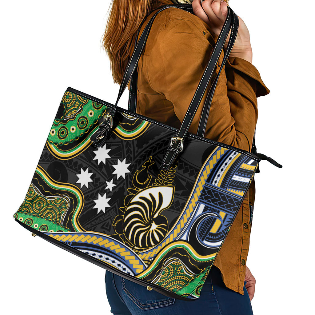 South Sea Islanders And New Caledonia Leather Tote Bag Nautilus Shell Southern Cross Tribal Pattern