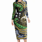 South Sea Islanders And New Caledonia Long Sleeve Bodycon Dress Nautilus Shell Southern Cross Tribal Pattern