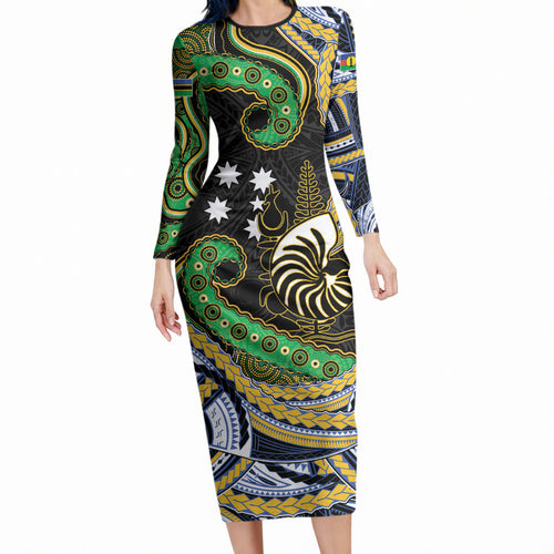 South Sea Islanders And New Caledonia Long Sleeve Bodycon Dress Nautilus Shell Southern Cross Tribal Pattern