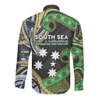 South Sea Islanders And New Caledonia Long Sleeve Button Shirt Nautilus Shell Southern Cross Tribal Pattern