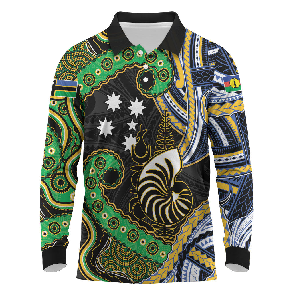 South Sea Islanders And New Caledonia Long Sleeve Polo Shirt Nautilus Shell Southern Cross Tribal Pattern