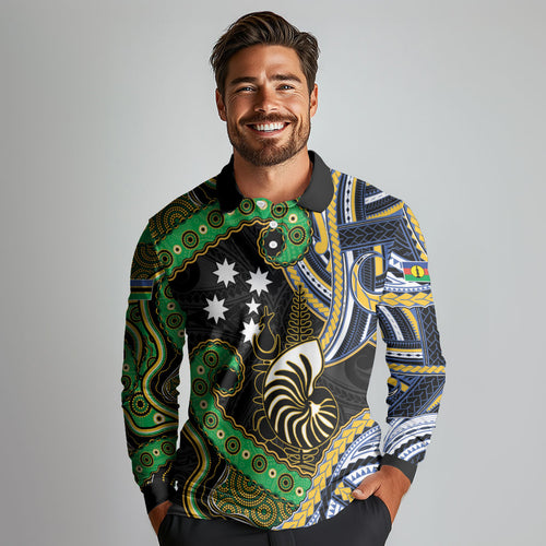 South Sea Islanders And New Caledonia Long Sleeve Polo Shirt Nautilus Shell Southern Cross Tribal Pattern