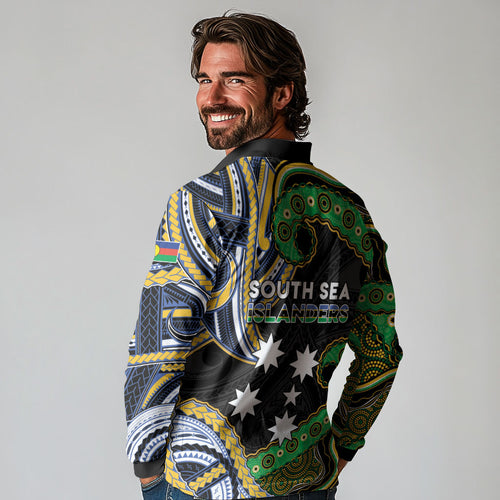 South Sea Islanders And New Caledonia Long Sleeve Polo Shirt Nautilus Shell Southern Cross Tribal Pattern