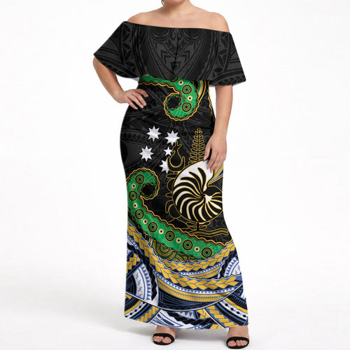 South Sea Islanders And New Caledonia Off Shoulder Maxi Dress Nautilus Shell Southern Cross Tribal Pattern