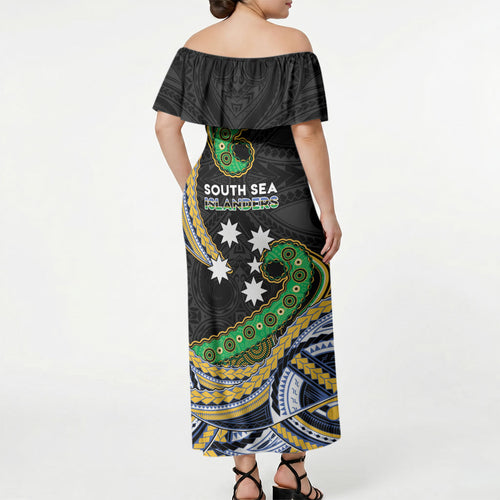 South Sea Islanders And New Caledonia Off Shoulder Maxi Dress Nautilus Shell Southern Cross Tribal Pattern