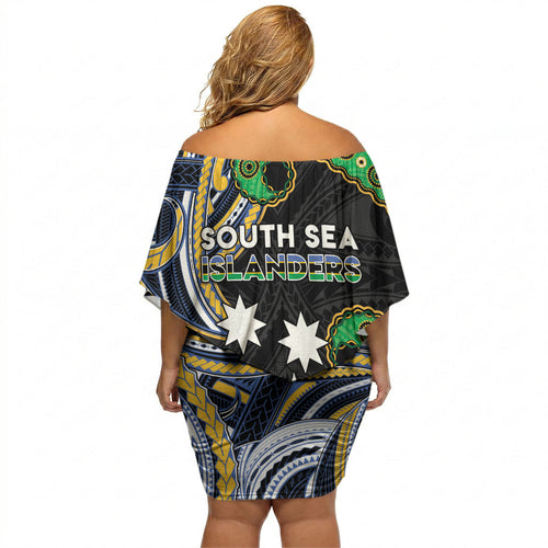 South Sea Islanders And New Caledonia Off Shoulder Short Dress Nautilus Shell Southern Cross Tribal Pattern