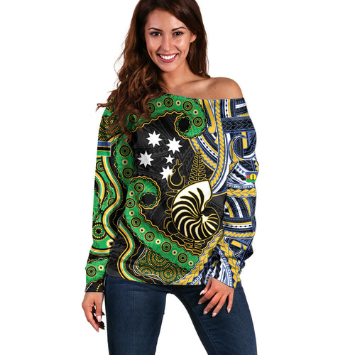 South Sea Islanders And New Caledonia Off Shoulder Sweater Nautilus Shell Southern Cross Tribal Pattern