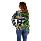 South Sea Islanders And New Caledonia Off Shoulder Sweater Nautilus Shell Southern Cross Tribal Pattern