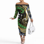 South Sea Islanders And New Caledonia Off The Shoulder Long Sleeve Dress Nautilus Shell Southern Cross Tribal Pattern
