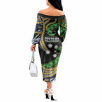 South Sea Islanders And New Caledonia Off The Shoulder Long Sleeve Dress Nautilus Shell Southern Cross Tribal Pattern