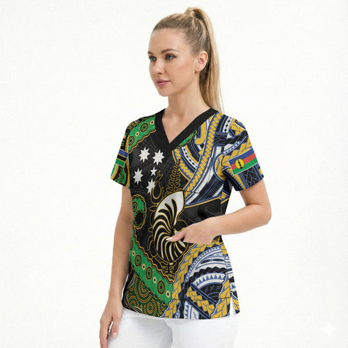 South Sea Islanders And New Caledonia Scrub Top Nautilus Shell Southern Cross Tribal Pattern