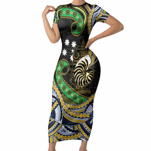 South Sea Islanders And New Caledonia Short Sleeve Bodycon Dress Nautilus Shell Southern Cross Tribal Pattern