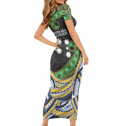 South Sea Islanders And New Caledonia Short Sleeve Bodycon Dress Nautilus Shell Southern Cross Tribal Pattern