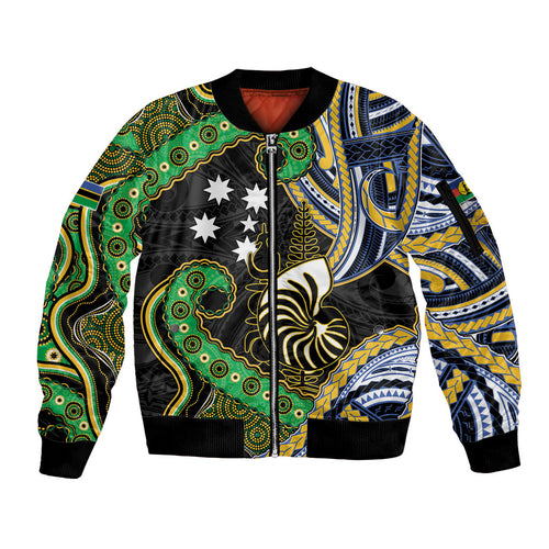South Sea Islanders And New Caledonia Sleeve Zip Bomber Jacket Nautilus Shell Southern Cross Tribal Pattern