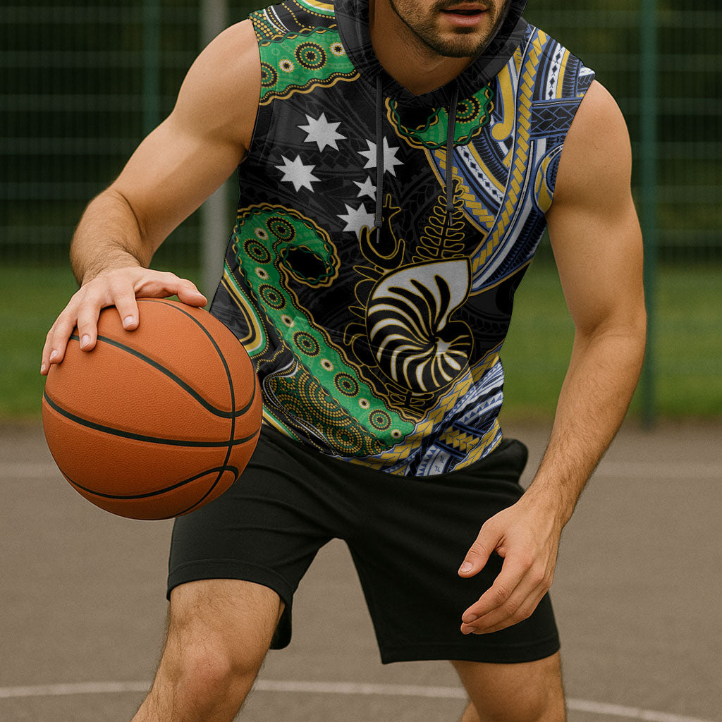 South Sea Islanders And New Caledonia Sleeveless Hoodie Nautilus Shell Southern Cross Tribal Pattern