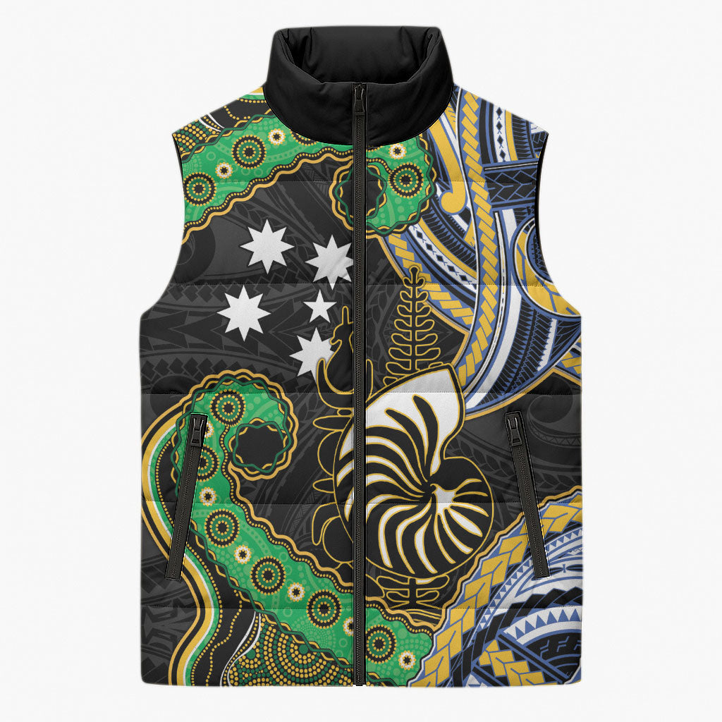 South Sea Islanders And New Caledonia Sleeveless Puffer Jacket Nautilus Shell Southern Cross Tribal Pattern