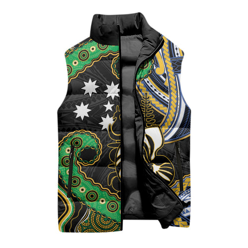 South Sea Islanders And New Caledonia Sleeveless Puffer Jacket Nautilus Shell Southern Cross Tribal Pattern