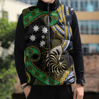South Sea Islanders And New Caledonia Sleeveless Puffer Jacket Nautilus Shell Southern Cross Tribal Pattern
