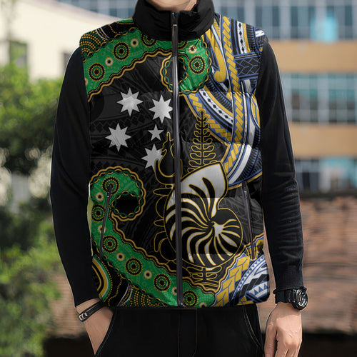 South Sea Islanders And New Caledonia Sleeveless Puffer Jacket Nautilus Shell Southern Cross Tribal Pattern