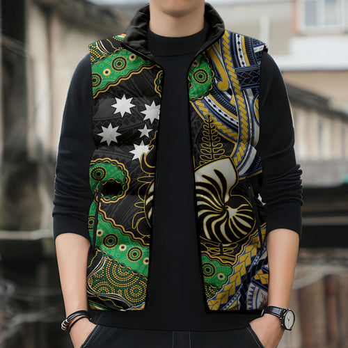 South Sea Islanders And New Caledonia Sleeveless Puffer Jacket Nautilus Shell Southern Cross Tribal Pattern