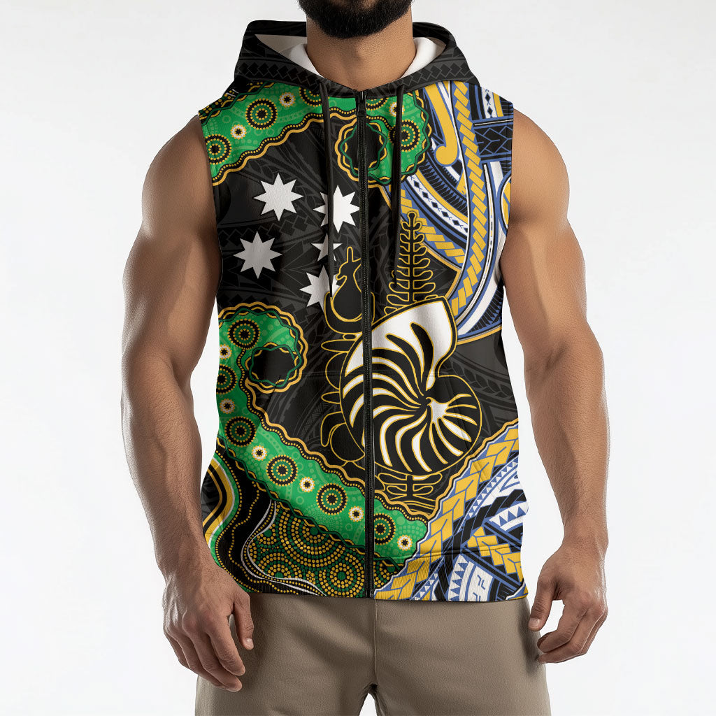 South Sea Islanders And New Caledonia Sleeveless Zip Hoodie Nautilus Shell Southern Cross Tribal Pattern