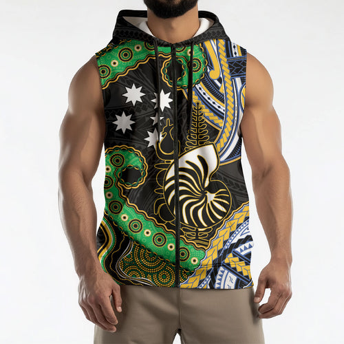 South Sea Islanders And New Caledonia Sleeveless Zip Hoodie Nautilus Shell Southern Cross Tribal Pattern
