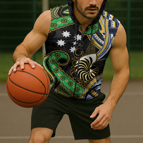 South Sea Islanders And New Caledonia Sleeveless Zip Hoodie Nautilus Shell Southern Cross Tribal Pattern