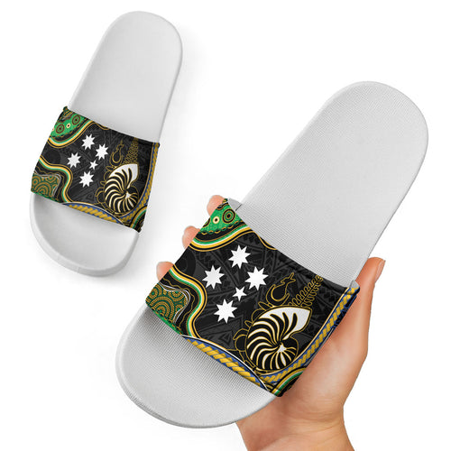 South Sea Islanders And New Caledonia Slide Sandals Nautilus Shell Southern Cross Tribal Pattern