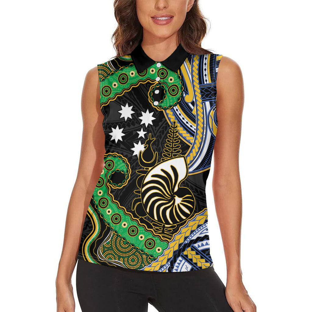 South Sea Islanders And New Caledonia Women Sleeveless Polo Shirt Nautilus Shell Southern Cross Tribal Pattern