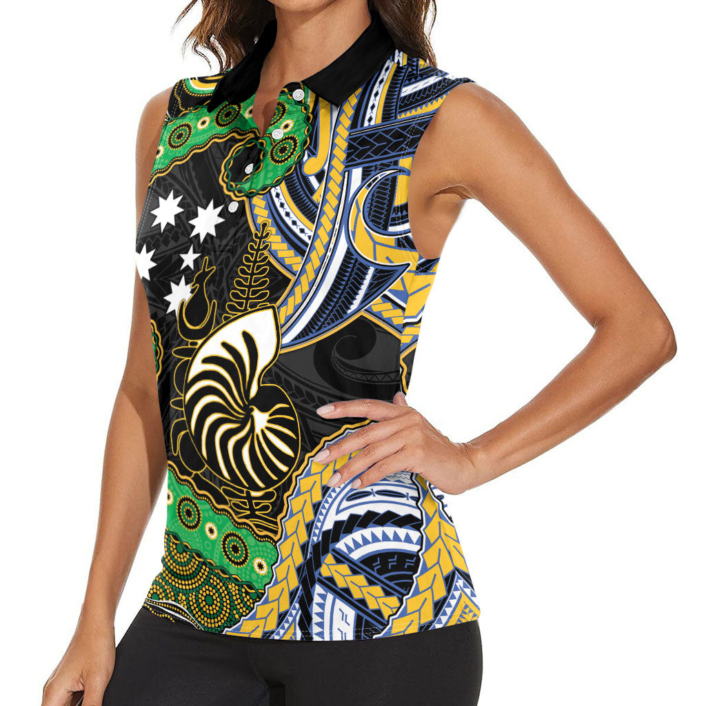 South Sea Islanders And New Caledonia Women Sleeveless Polo Shirt Nautilus Shell Southern Cross Tribal Pattern