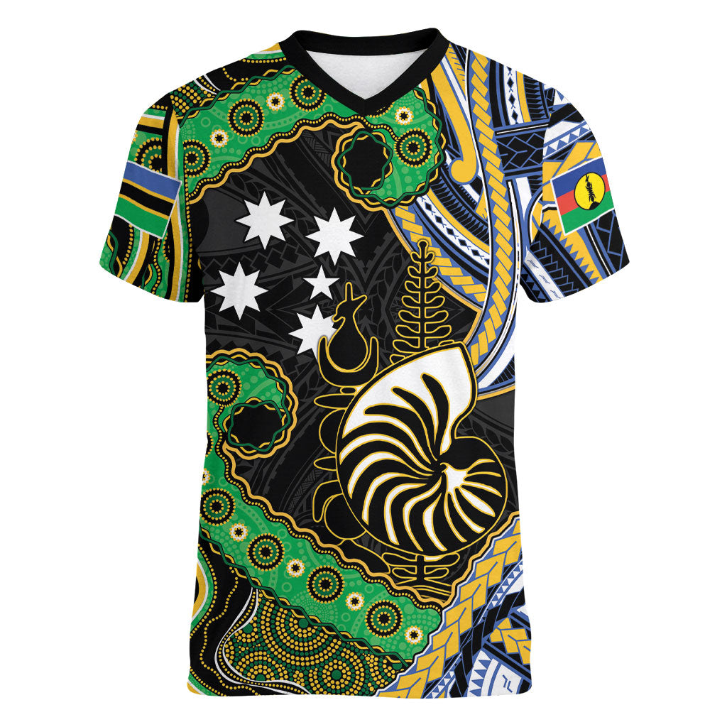 South Sea Islanders And New Caledonia Women V-Neck T-Shirt Nautilus Shell Southern Cross Tribal Pattern