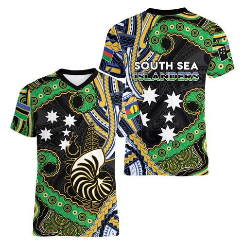 South Sea Islanders And New Caledonia Women V-Neck T-Shirt Nautilus Shell Southern Cross Tribal Pattern