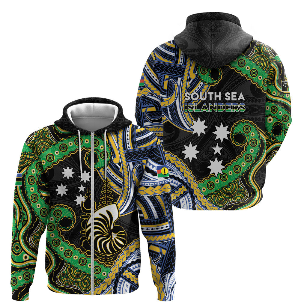 South Sea Islanders And New Caledonia Zip Hoodie Nautilus Shell Southern Cross Tribal Pattern