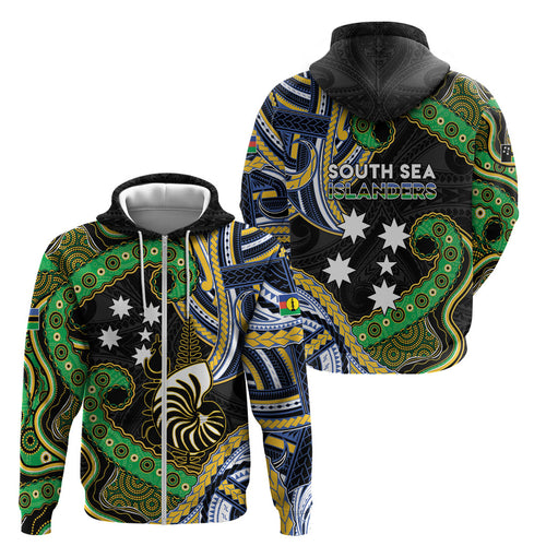 South Sea Islanders And New Caledonia Zip Hoodie Nautilus Shell Southern Cross Tribal Pattern