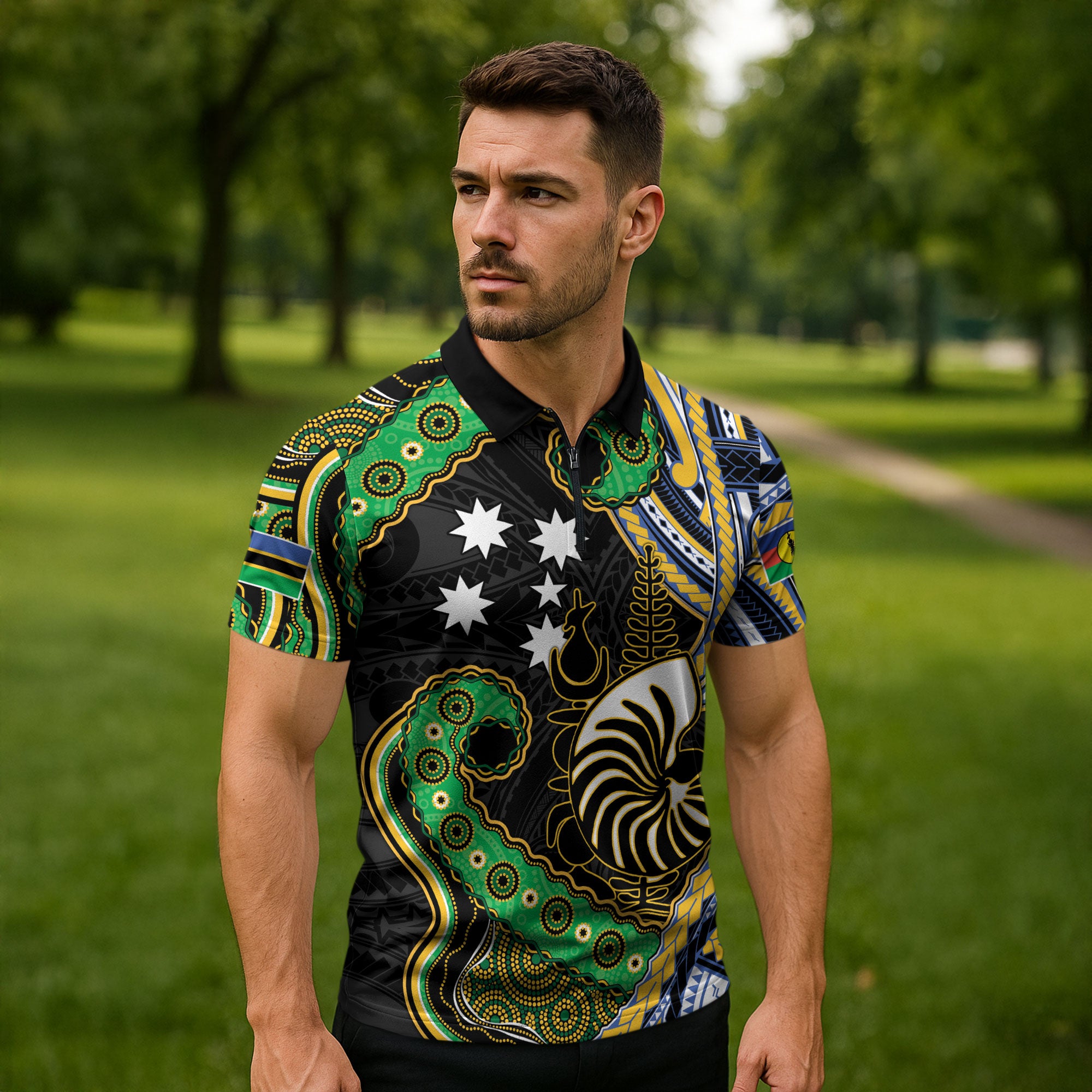 South Sea Islanders And New Caledonia Zipper Polo Shirt Nautilus Shell Southern Cross Tribal Pattern