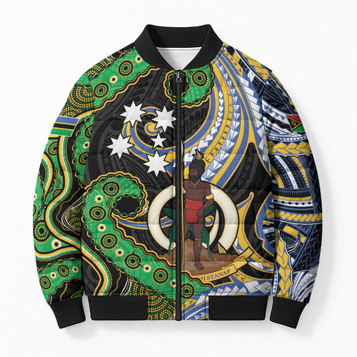 South Sea Islanders And Vanuatu Bomber Puffer Jacket Boar Tusk Warrior Southern Tribal Pattern