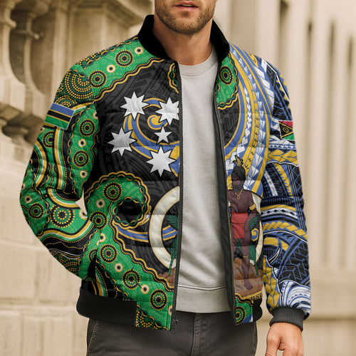South Sea Islanders And Vanuatu Bomber Puffer Jacket Boar Tusk Warrior Southern Tribal Pattern