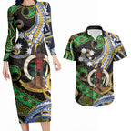 South Sea Islanders And Vanuatu Couples Matching Long Sleeve Bodycon Dress and Hawaiian Shirt Boar Tusk Warrior Southern Tribal Pattern