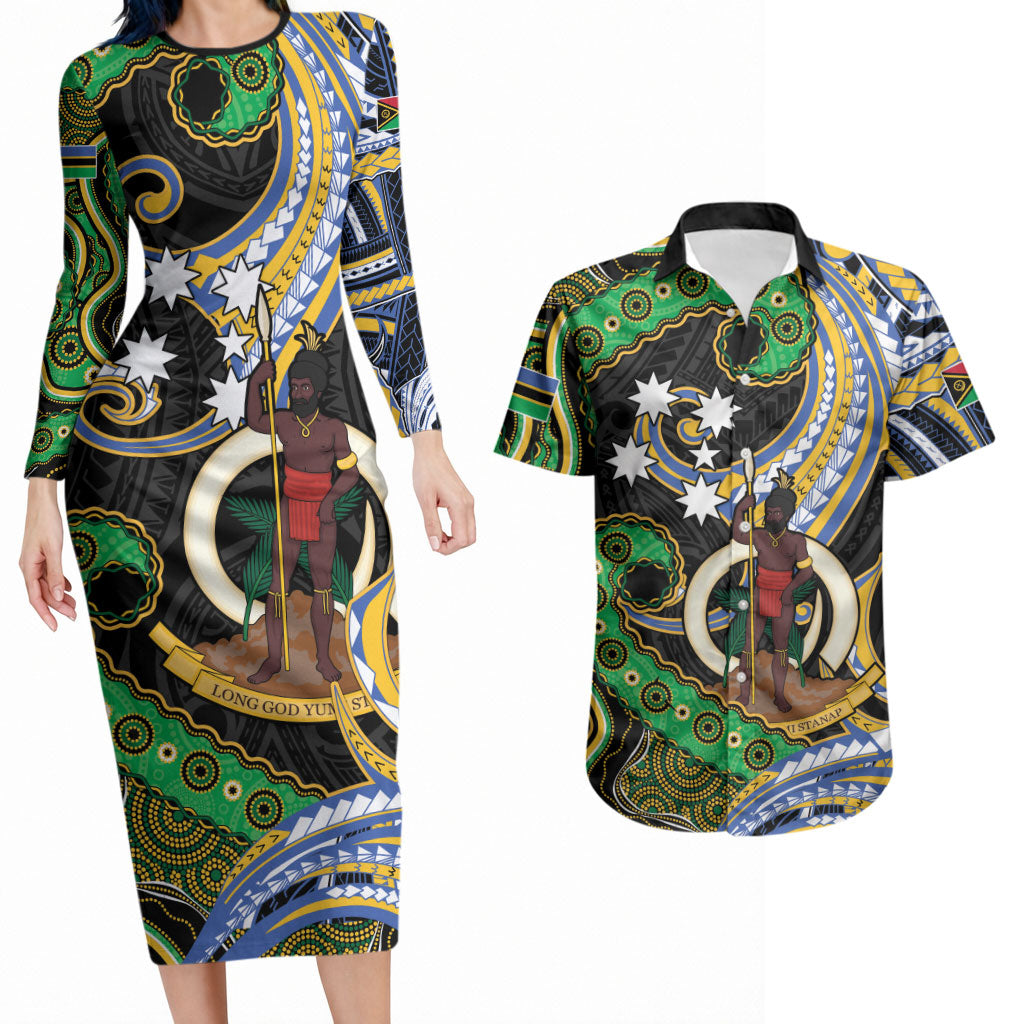 South Sea Islanders And Vanuatu Couples Matching Long Sleeve Bodycon Dress and Hawaiian Shirt Boar Tusk Warrior Southern Tribal Pattern