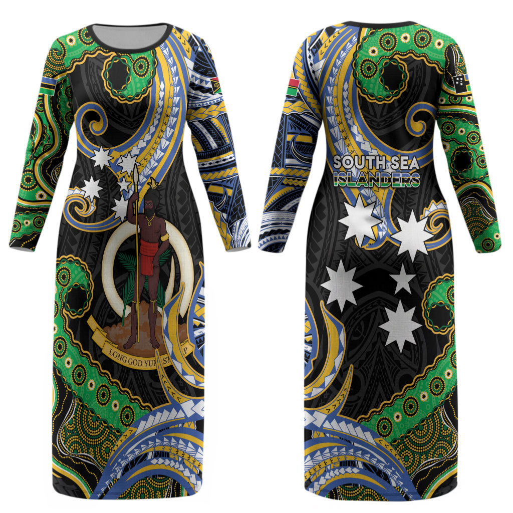 South Sea Islanders And Vanuatu Couples Matching Long Sleeve Bodycon Dress and Hawaiian Shirt Boar Tusk Warrior Southern Tribal Pattern