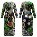 South Sea Islanders And Vanuatu Couples Matching Long Sleeve Bodycon Dress and Hawaiian Shirt Boar Tusk Warrior Southern Tribal Pattern