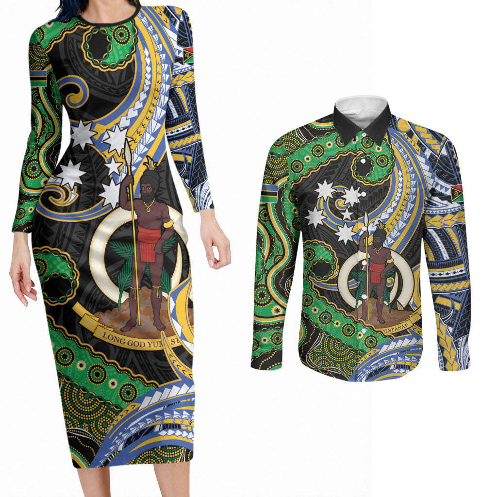 South Sea Islanders And Vanuatu Couples Matching Long Sleeve Bodycon Dress and Long Sleeve Button Shirt Boar Tusk Warrior Southern Tribal Pattern
