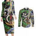 South Sea Islanders And Vanuatu Couples Matching Long Sleeve Bodycon Dress and Long Sleeve Button Shirt Boar Tusk Warrior Southern Tribal Pattern