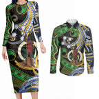 South Sea Islanders And Vanuatu Couples Matching Long Sleeve Bodycon Dress and Long Sleeve Button Shirt Boar Tusk Warrior Southern Tribal Pattern