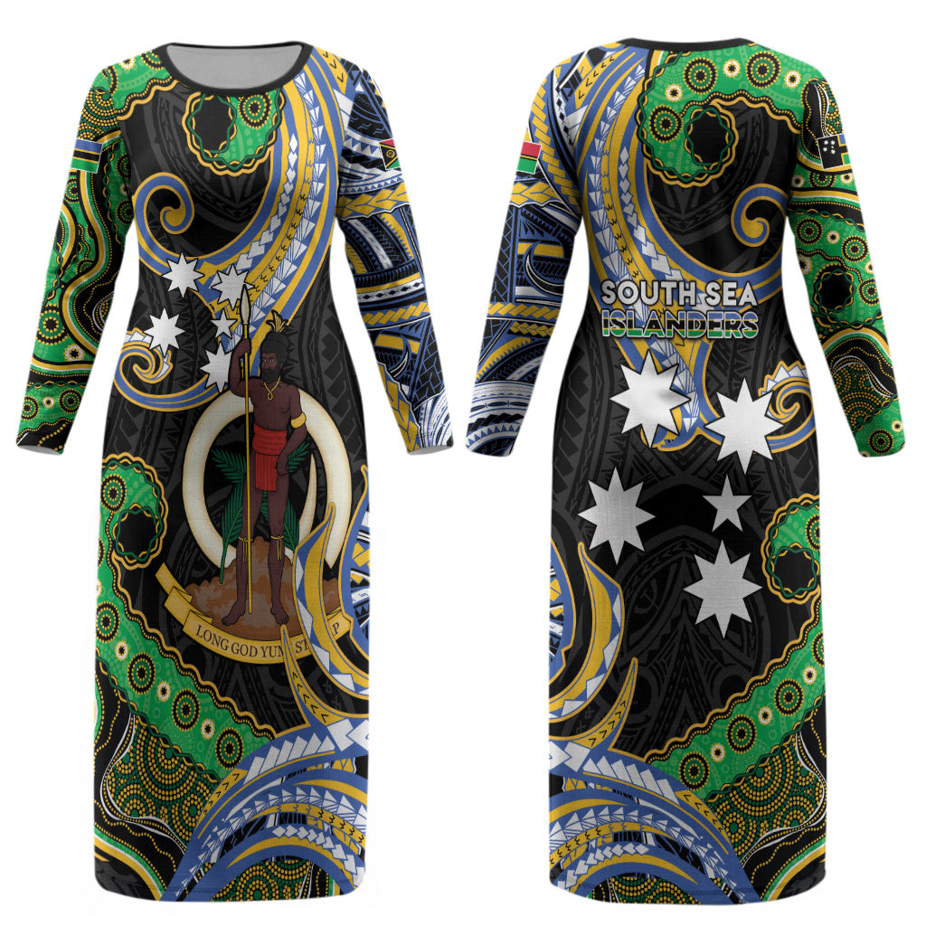 South Sea Islanders And Vanuatu Couples Matching Long Sleeve Bodycon Dress and Long Sleeve Button Shirt Boar Tusk Warrior Southern Tribal Pattern