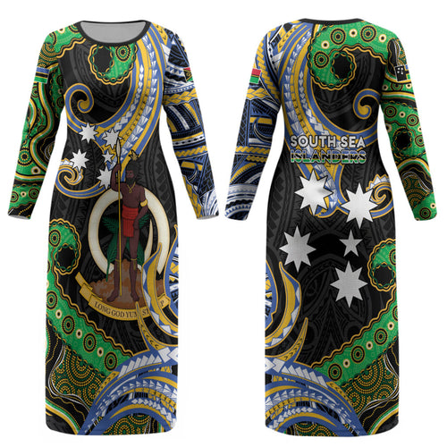 South Sea Islanders And Vanuatu Couples Matching Long Sleeve Bodycon Dress and Long Sleeve Button Shirt Boar Tusk Warrior Southern Tribal Pattern